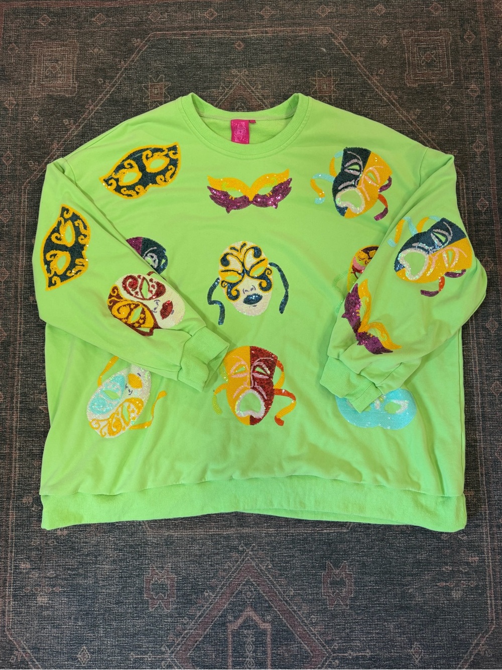 QUEEN OF SPARKLES Lime Green Crewneck Sweatshirt with Colorful Mask Motifs XXL